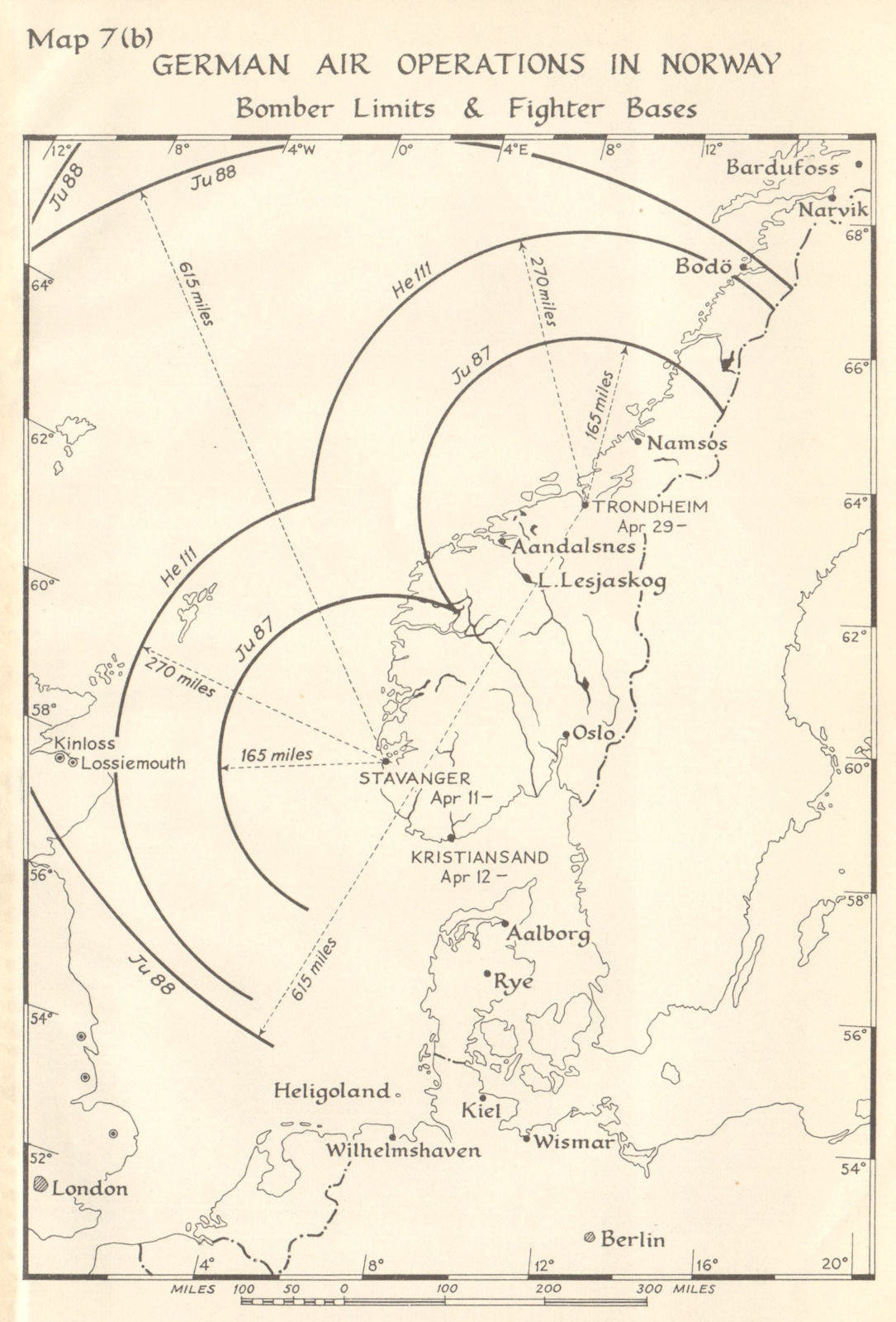 Norway -  German Air Operations 1940. Bomber Limits Fighter Bases. WW2 1952 map
